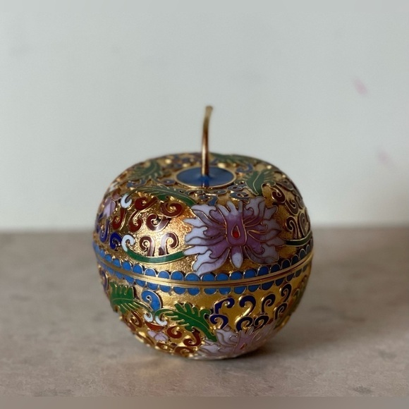 Vintage Apple Shape Enamel Gold Brass Trinket Chinese Cloisonné Jar Unburnt - Picture 2 of 7